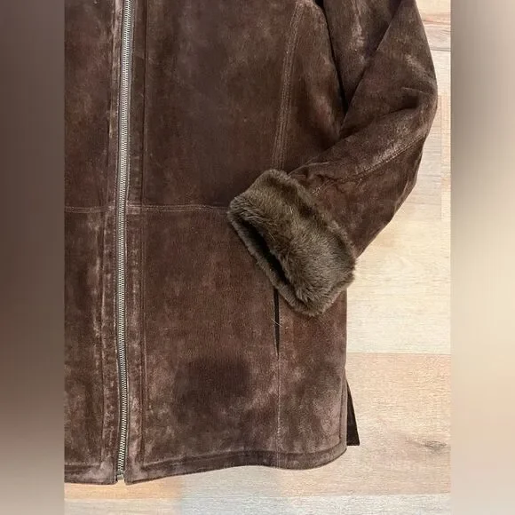 Suede leather brown fur lined jacket - Picture 10 of 14
